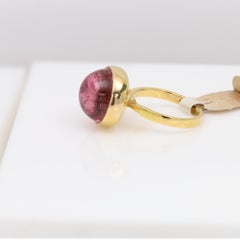 Vintage Candy Tourmaline Ring 18k Solid Gold Round Cabochon Cocktail