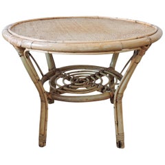 Vintage Cane and Rattan Round Side Table, 1970s