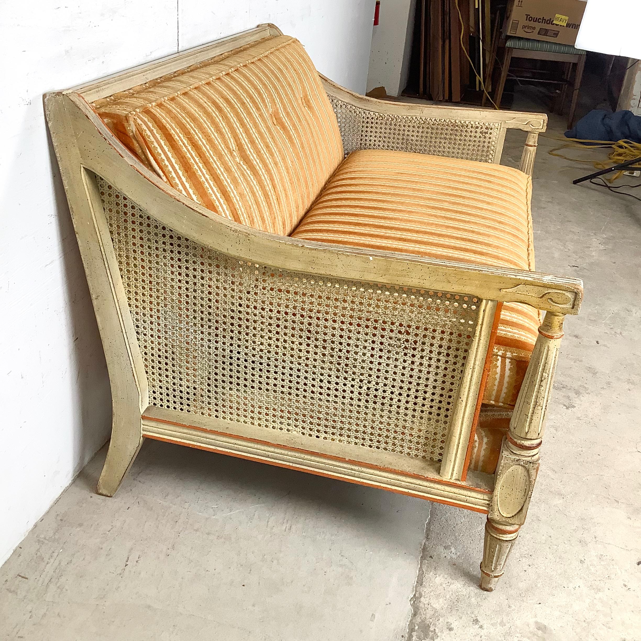 Vintage Cane-Arm Louis XVI Style Settee With Carved Frame (Polster) im Angebot