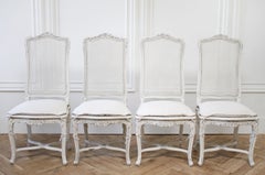 Vintage Cane Back Louis XV Style Dining Chairs with Linen Slip Covered Cushions