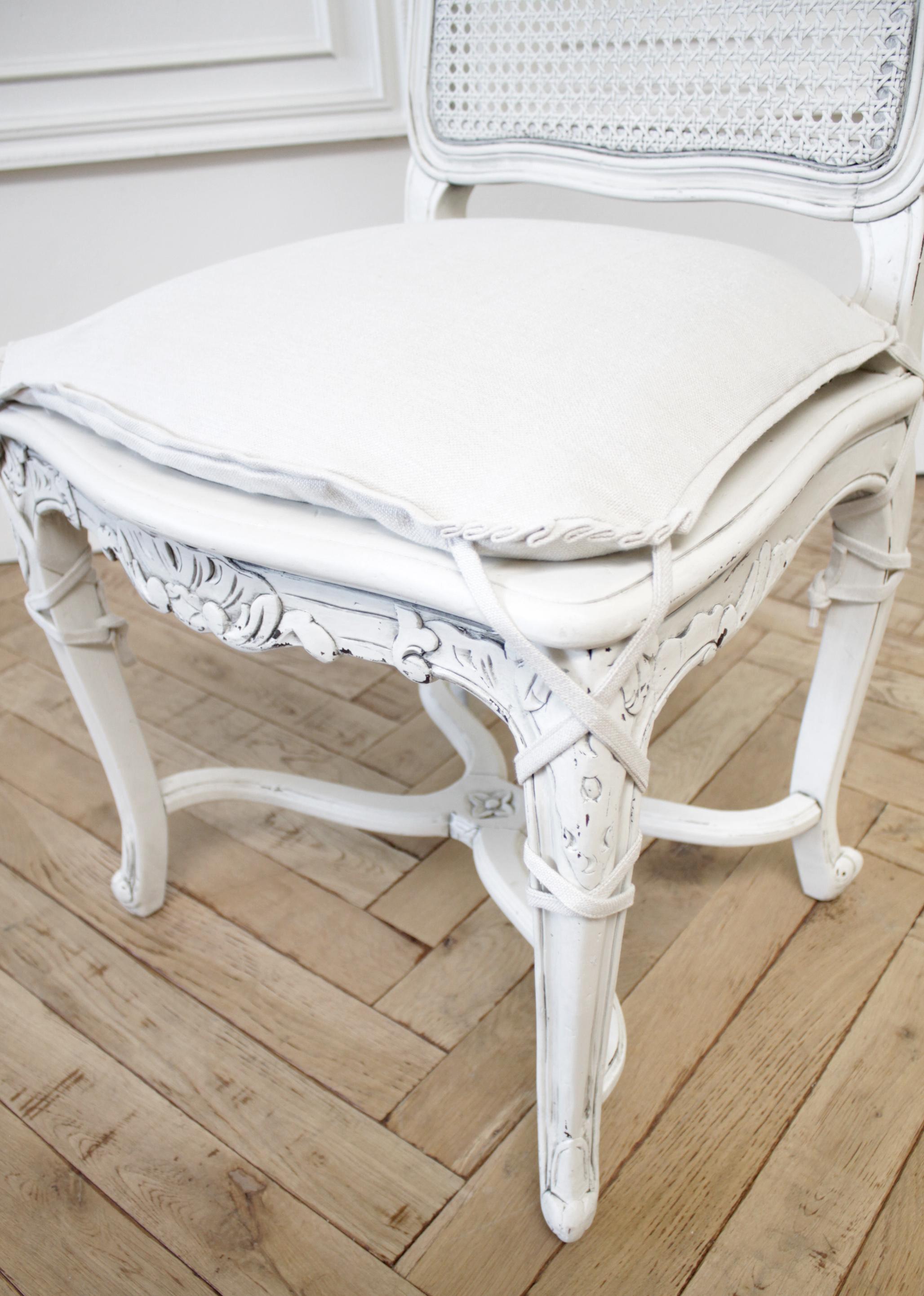 Vintage Cane Back Louis XV Style Dining Chairs with Linen Slip Covered Cushions In Good Condition In Old Town Orange, CA