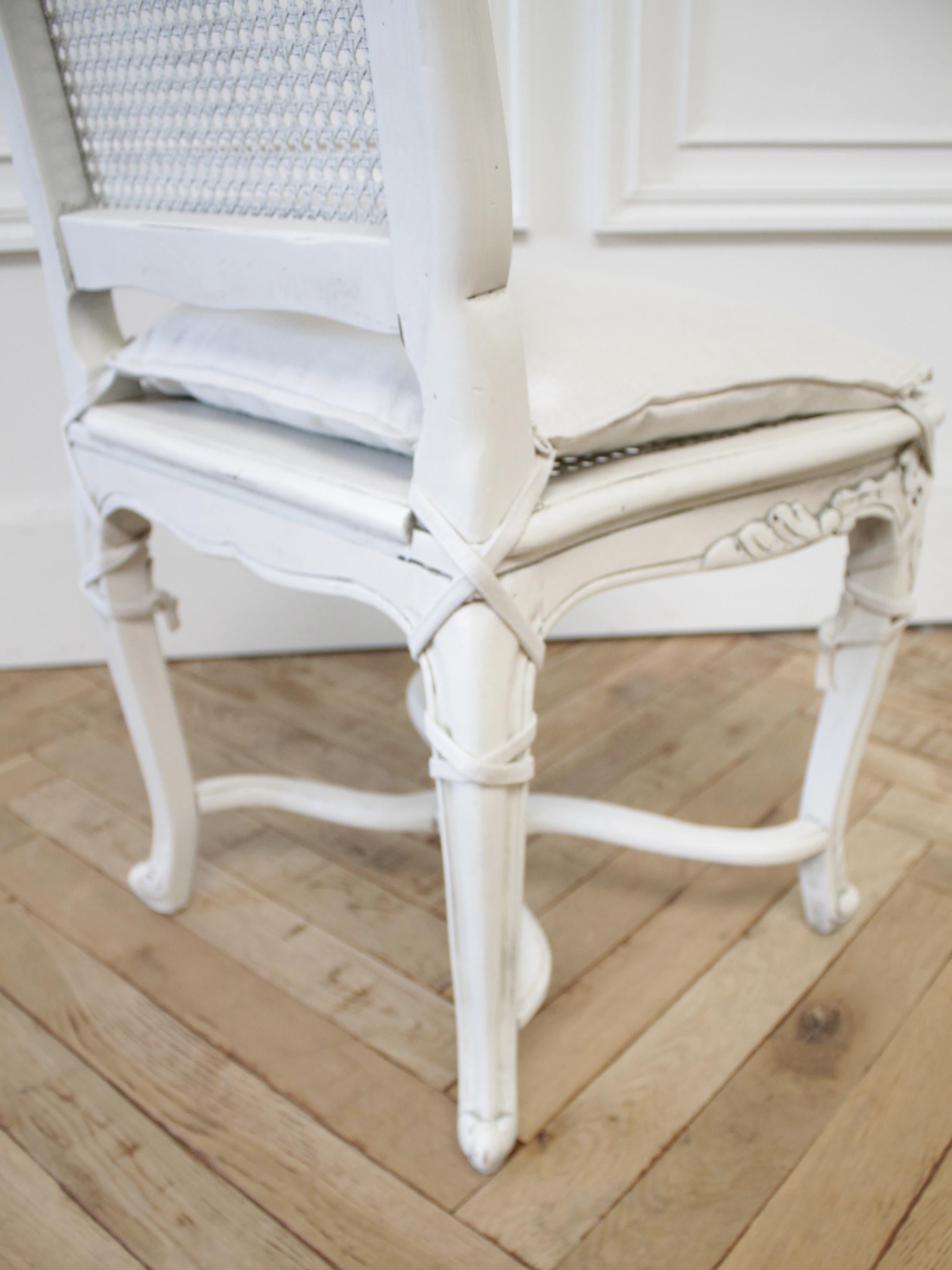 Wood Vintage Cane Back Louis XV Style Dining Chairs with Linen Slip Covered Cushions