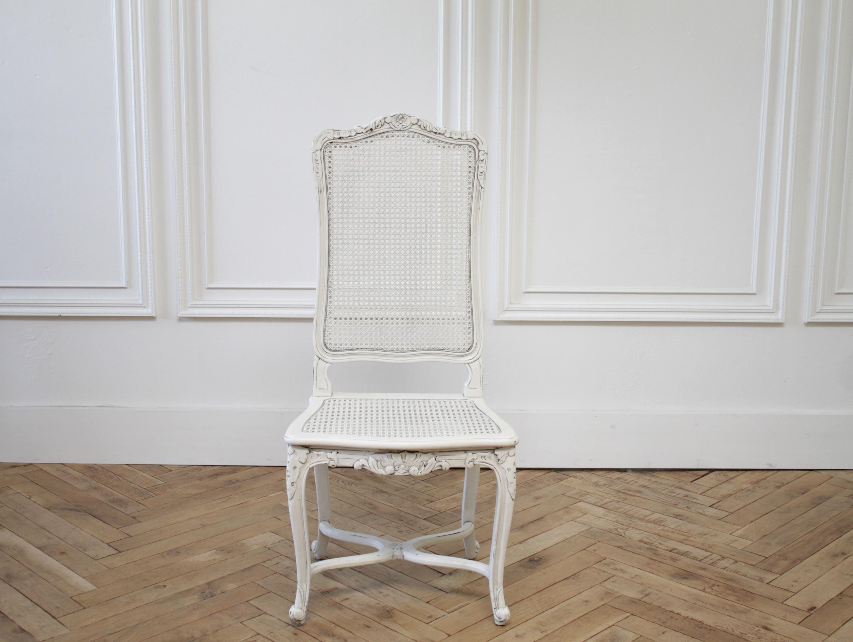 Vintage Cane Back Louis XV Style Dining Chairs with Linen Slip Covered Cushions 1
