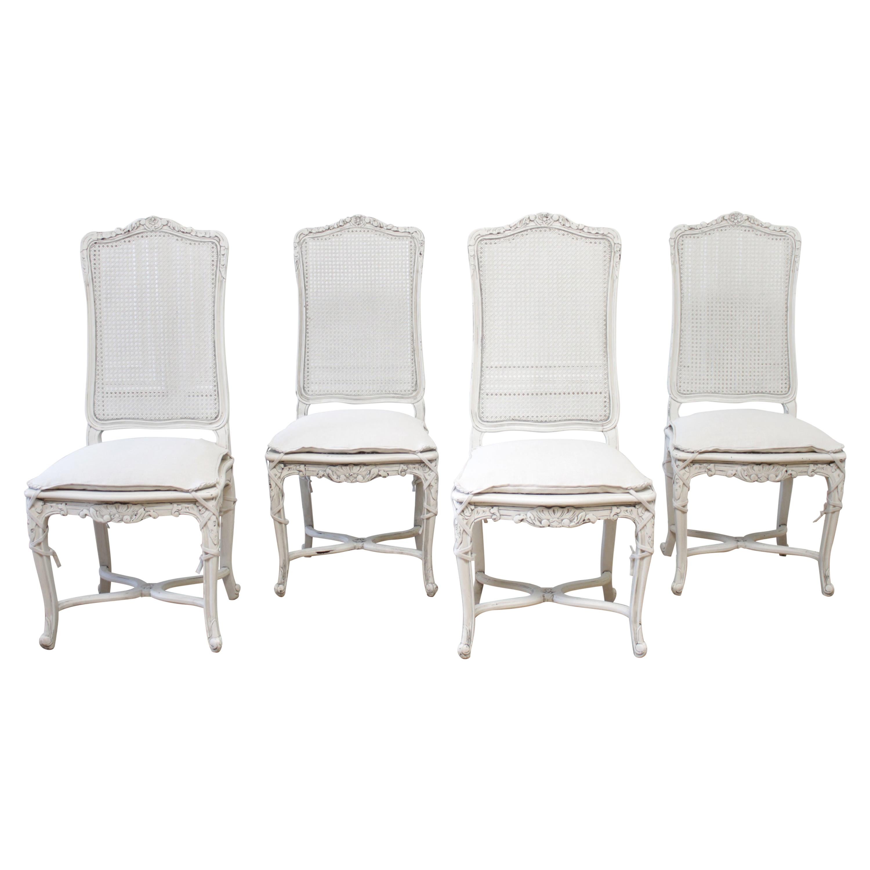 Vintage Cane Back Louis XV Style Dining Chairs with Linen Slip Covered Cushions