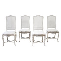 Vintage Cane Back Louis XV Style Dining Chairs with Linen Slip Covered Cushions
