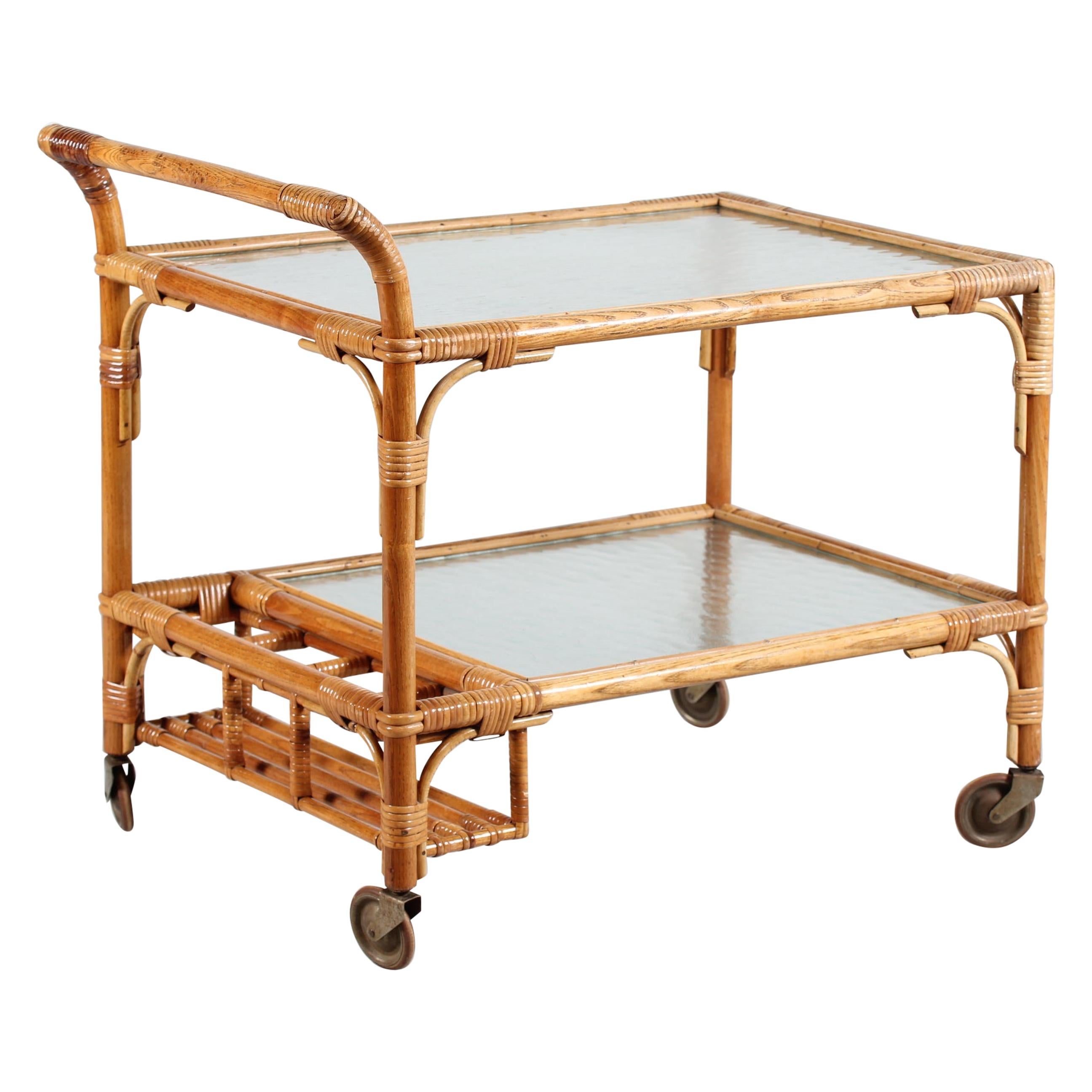 Vintage Cane Bar/Drinks Trolley on Wheels with Frosted Glass, Denmark, 1950s For Sale