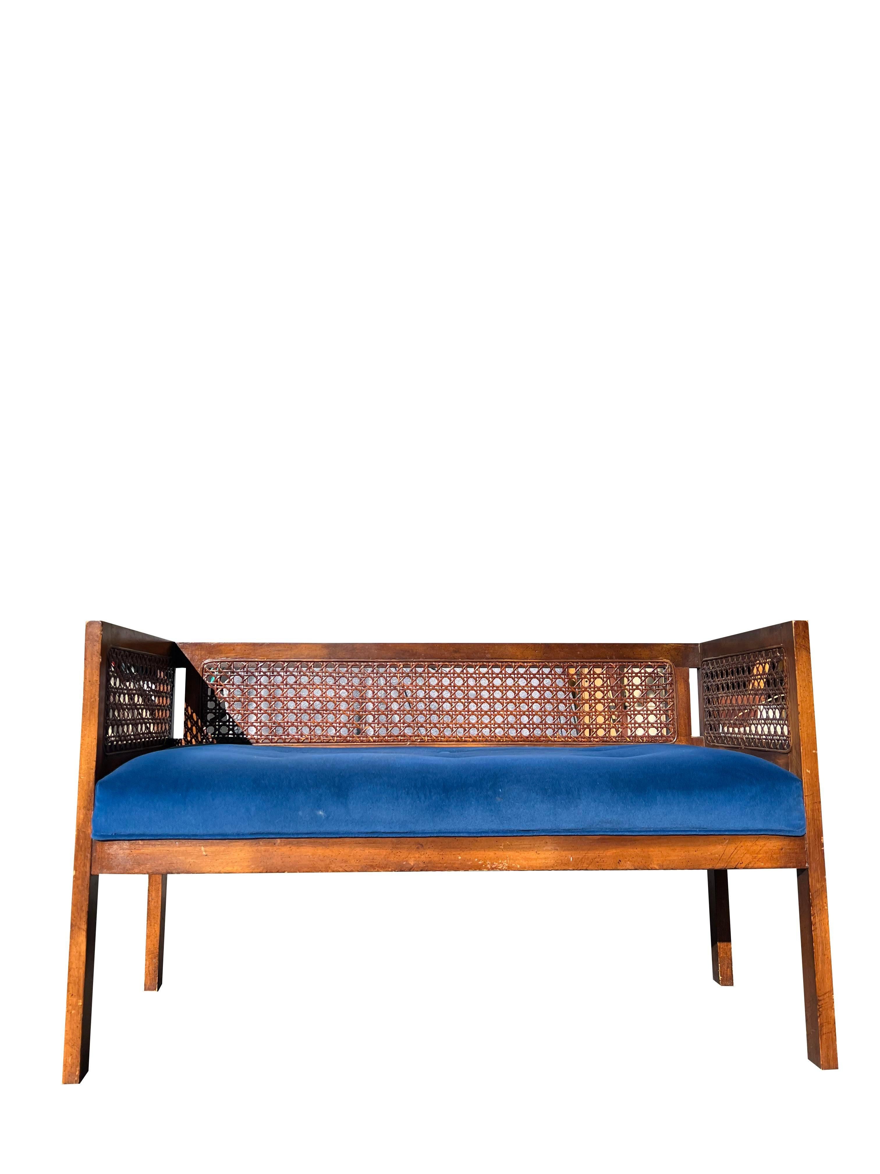 Vintage Cane Bench or Settee Compact Seating With Blue Fabric 5