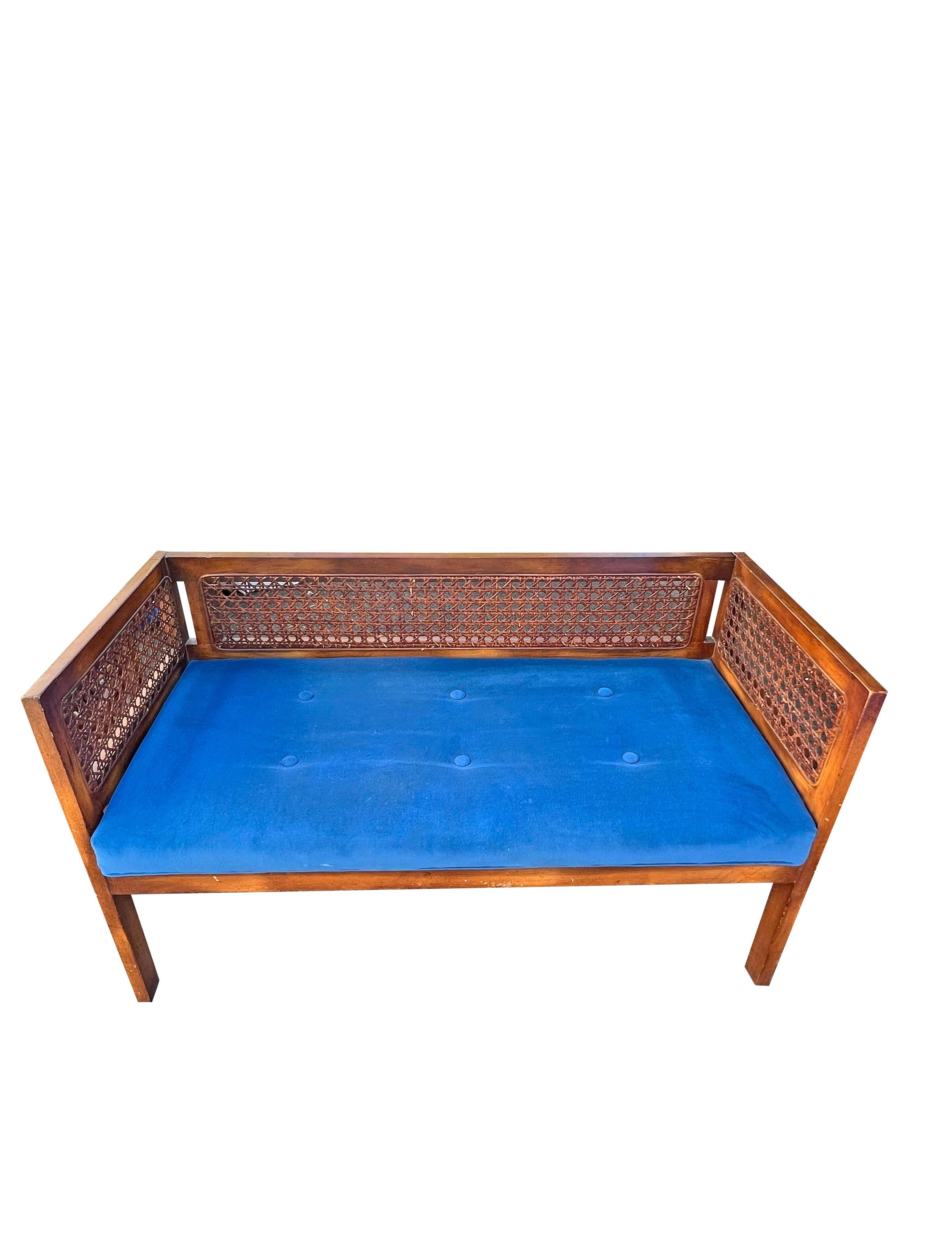 American Vintage Cane Bench or Settee Compact Seating With Blue Fabric