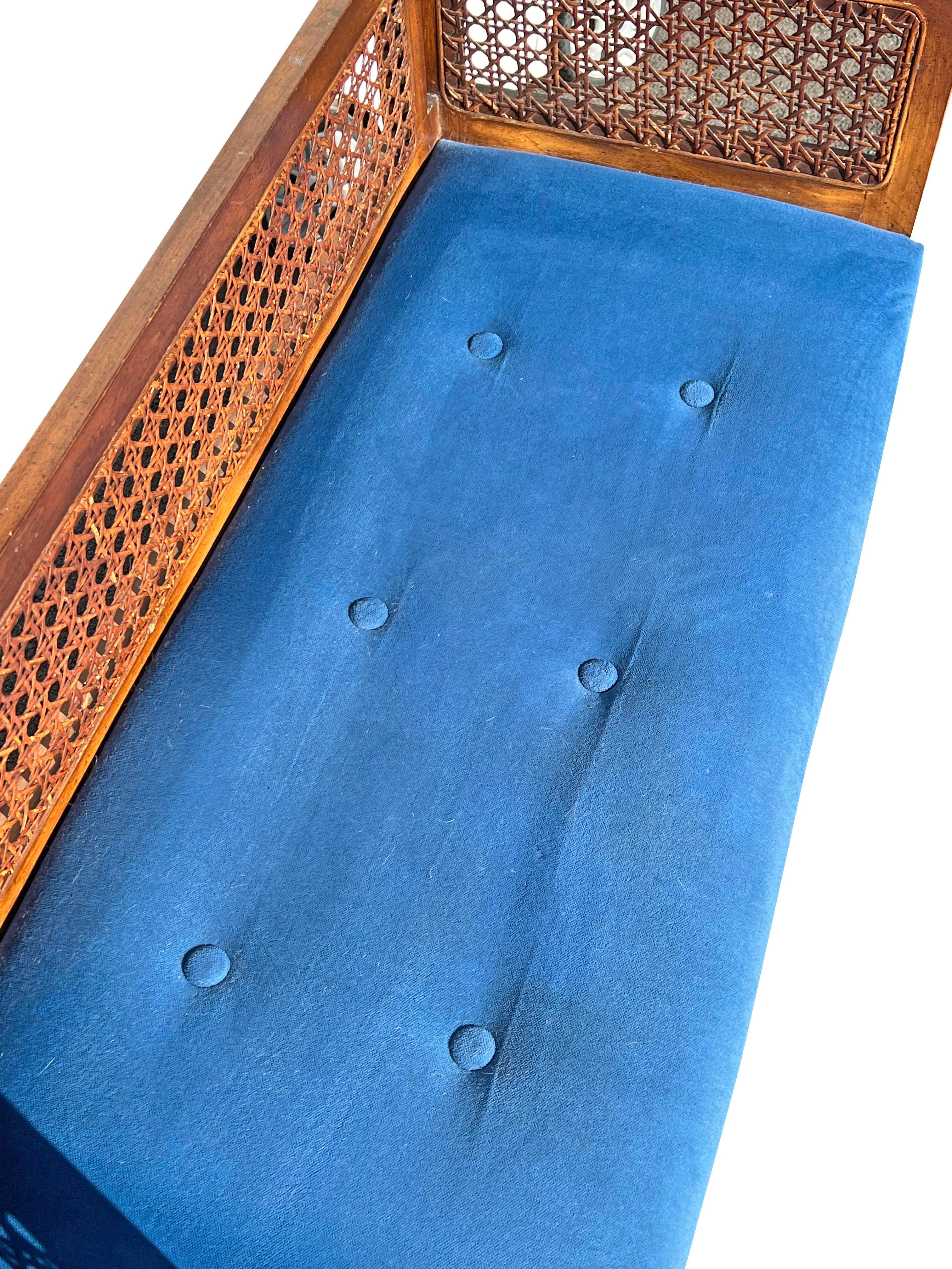 Late 20th Century Vintage Cane Bench or Settee Compact Seating With Blue Fabric