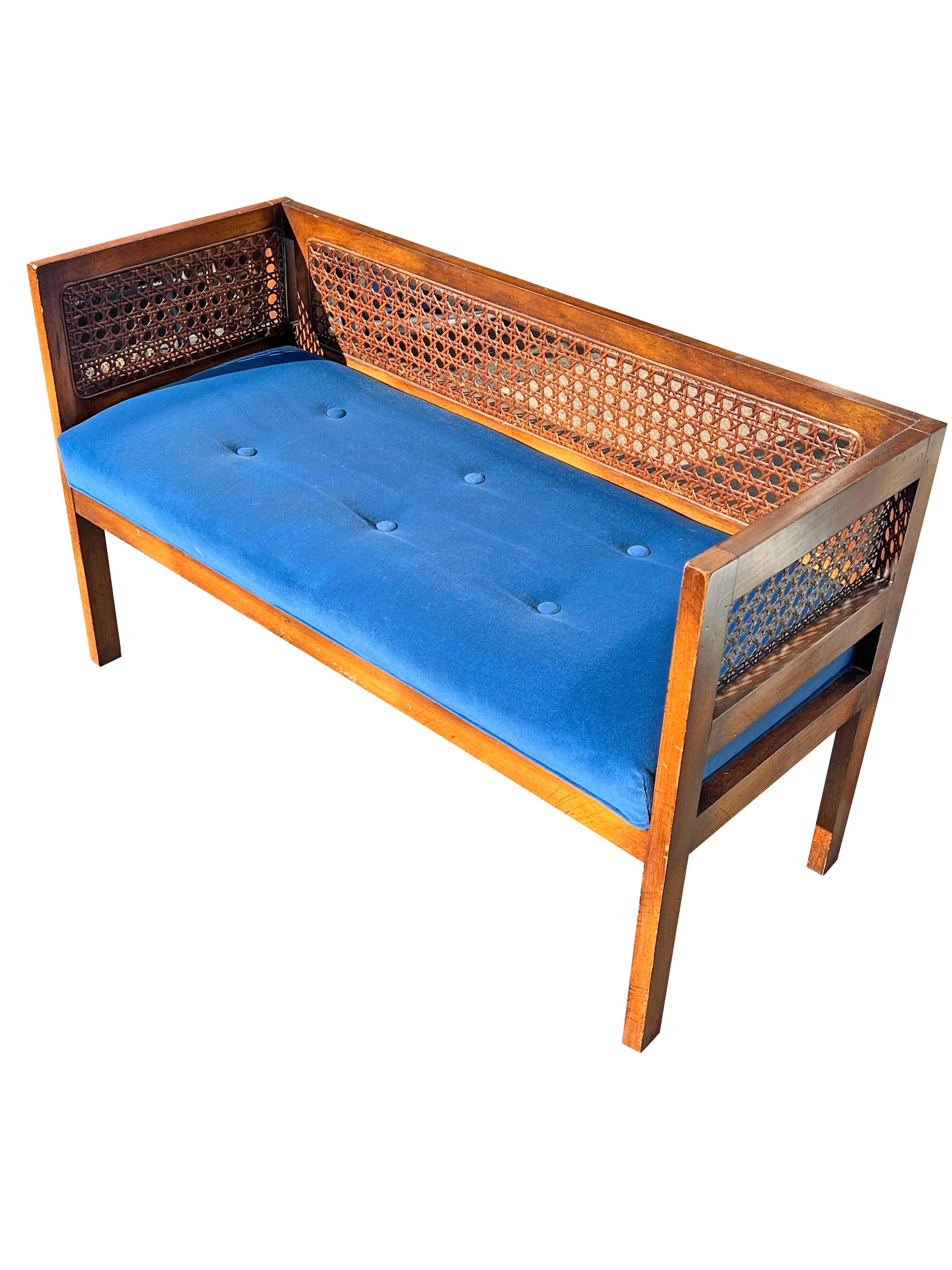 Vintage Cane Bench or Settee Compact Seating With Blue Fabric 2