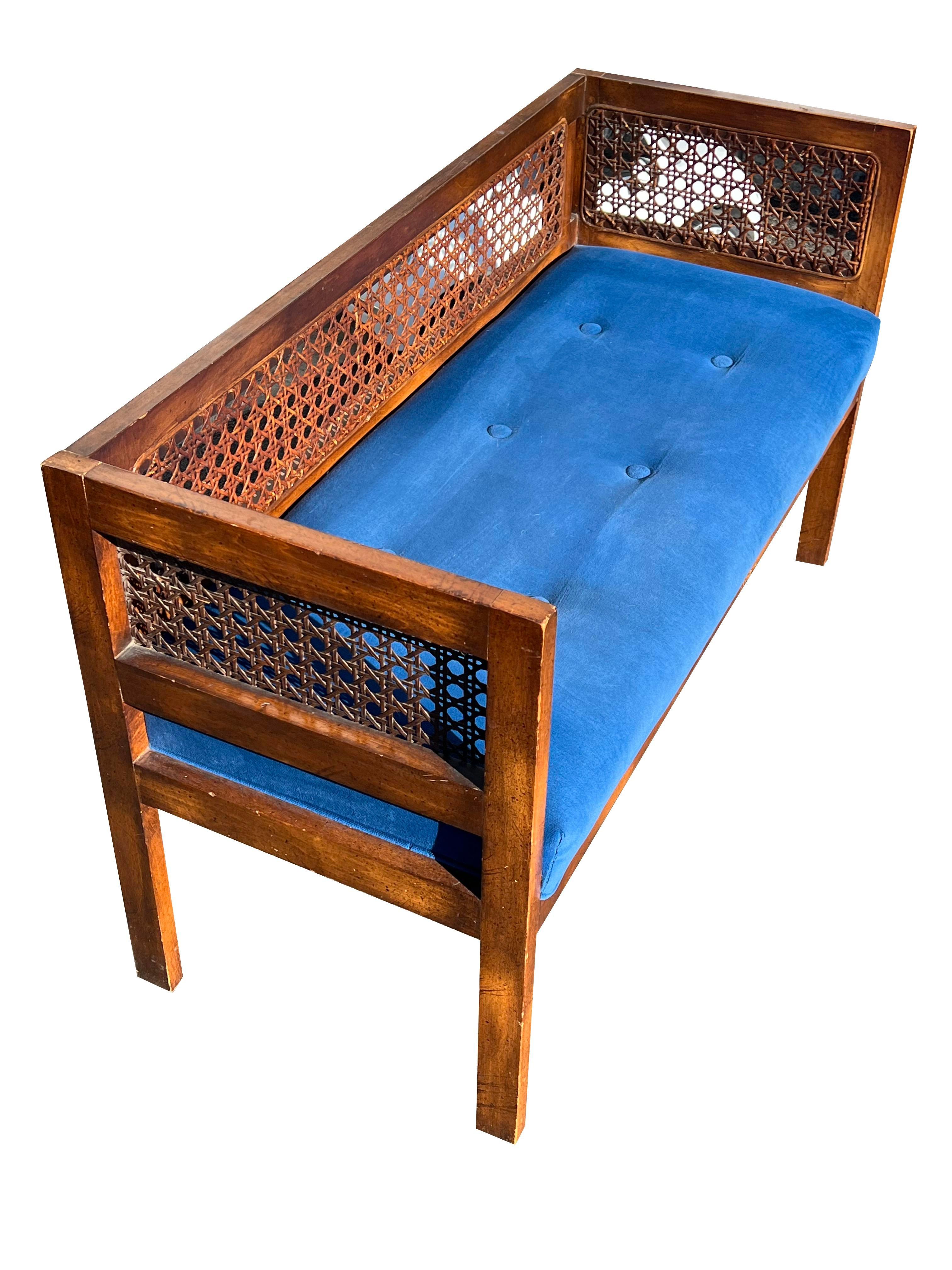 Vintage Cane Bench or Settee Compact Seating With Blue Fabric 3