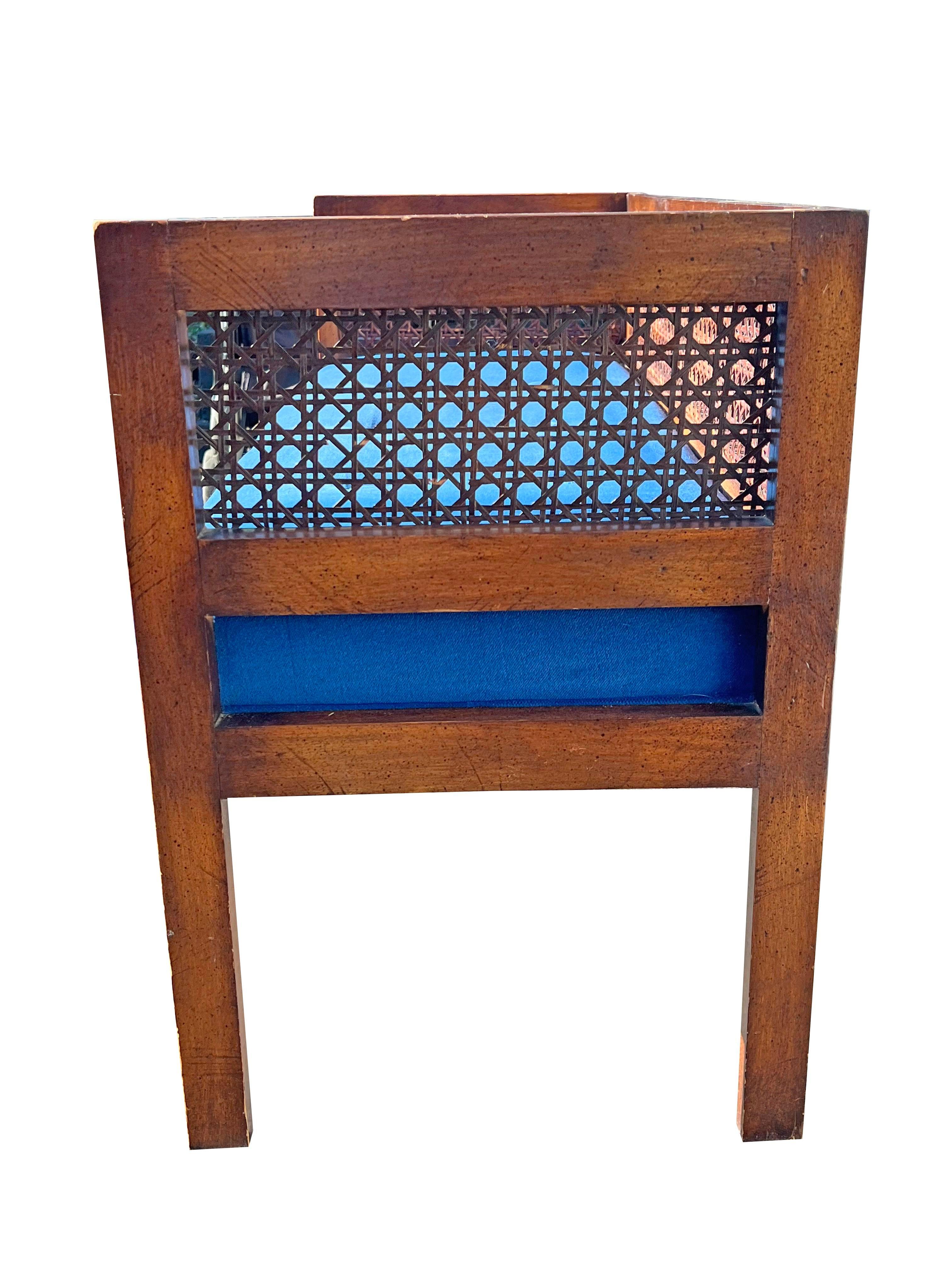 Vintage Cane Bench or Settee Compact Seating With Blue Fabric 4