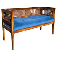 Vintage Cane Bench or Settee Compact Seating With Blue Fabric