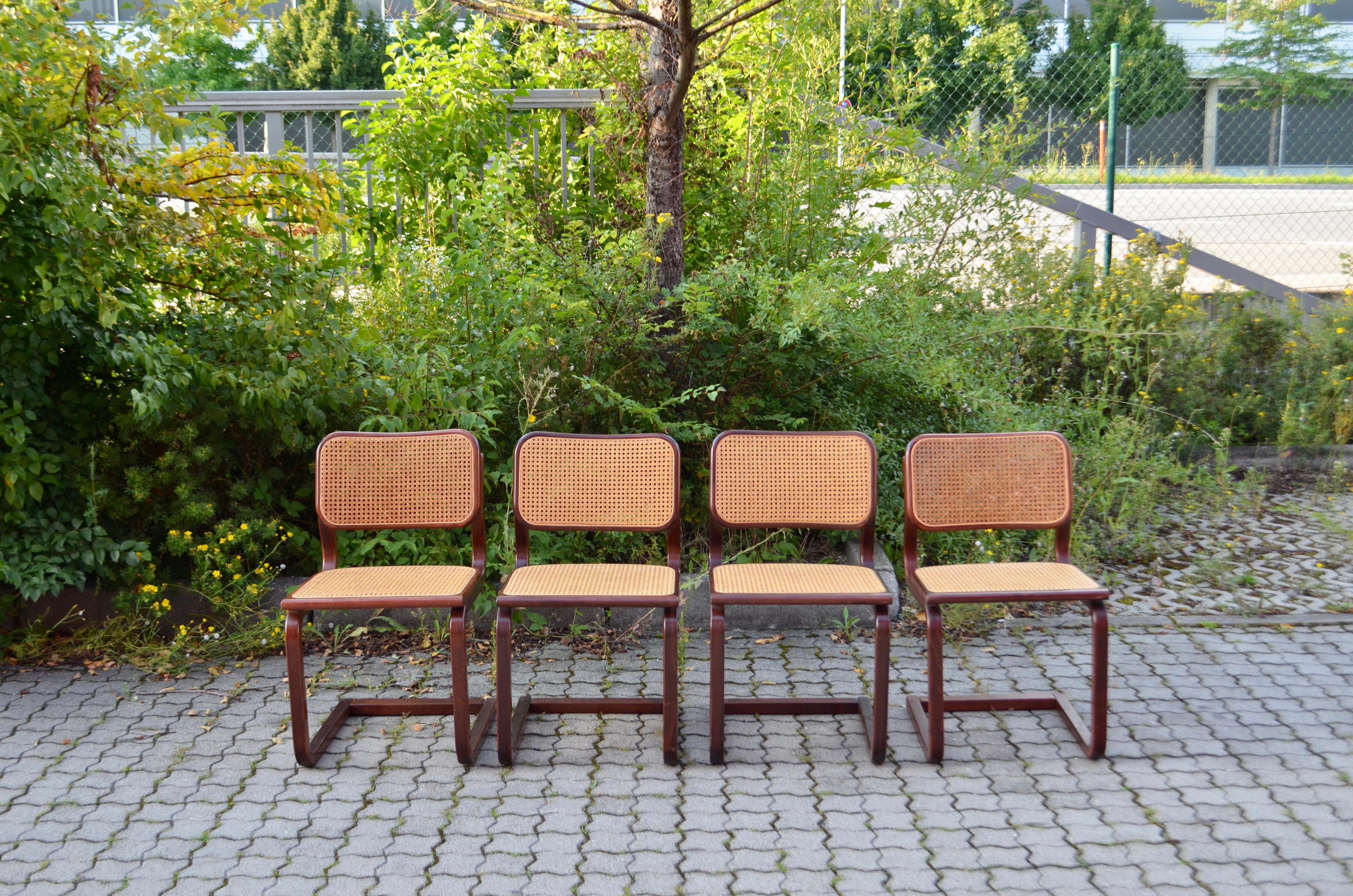 Bauhaus Vintage Cane Cantilever Dining Chairs in the manner of Marcel Breuer Set of 4 For Sale