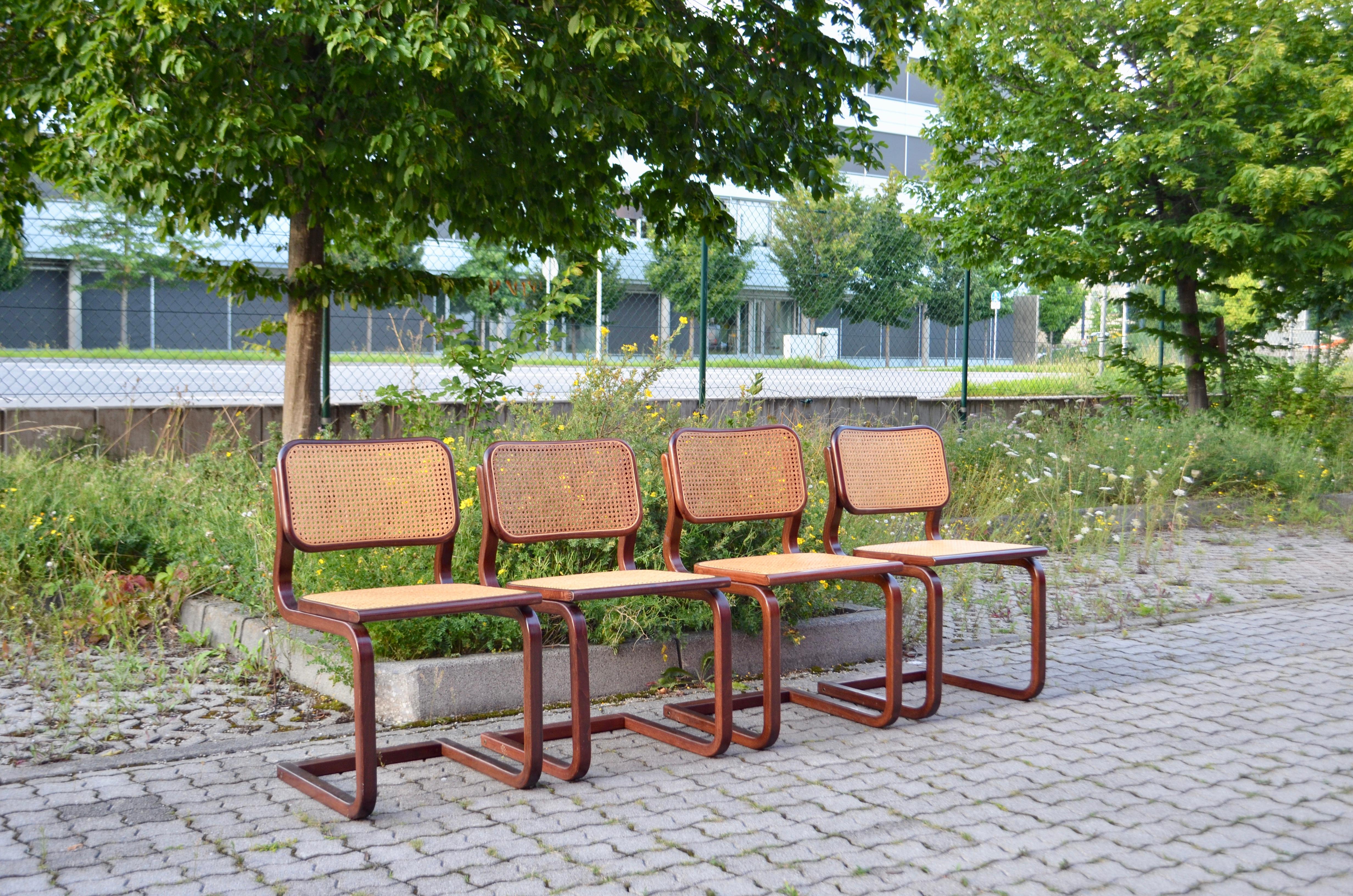 Italian Vintage Cane Cantilever Dining Chairs in the manner of Marcel Breuer Set of 4 For Sale