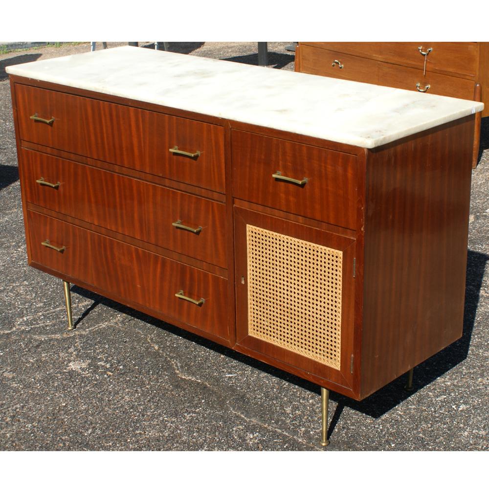 Vintage cane marble dresser.

White marble with 4 striped mahogany drawers and a cane paneled cabinet.
Brass pulls.