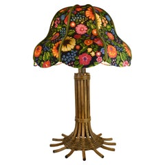 Vintage Cane & Rattan Lamp with Floral Shade by Leola – Mid-Century Boho Decor