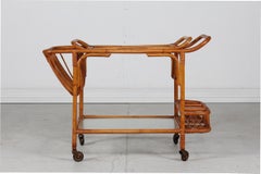 Vintage Cane Serving Trolley / Cart on Wheels with Frosted Glass, Denmark, 1950s