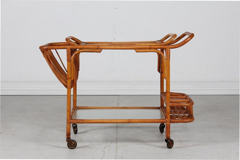 Vintage Cane Serving Trolley / Cart on Wheels with Frosted Glass