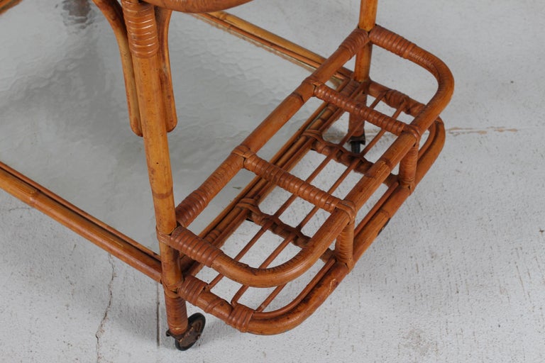Vintage Cane Serving Trolley / Cart on Wheels with Frosted Glass