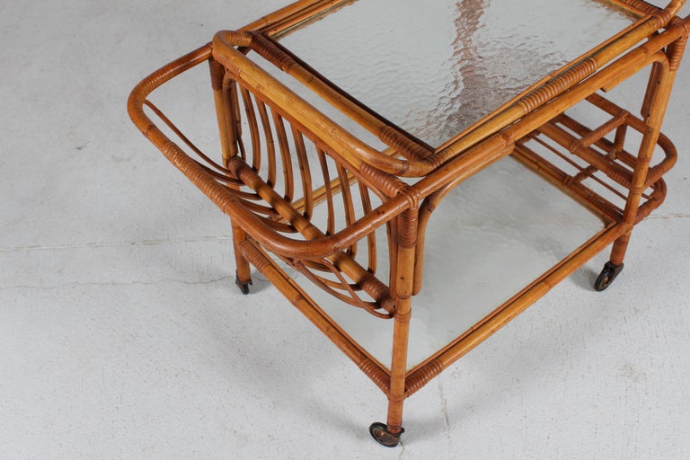 Vintage Cane Serving Trolley / Cart on Wheels with Frosted Glass
