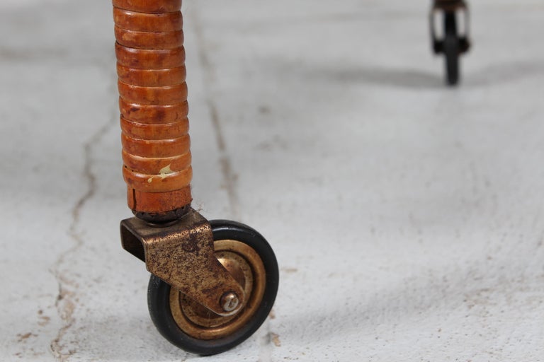 Vintage Cane Serving Trolley / Cart on Wheels with Frosted Glass, Denmark, 1950s For Sale at 1stDibs