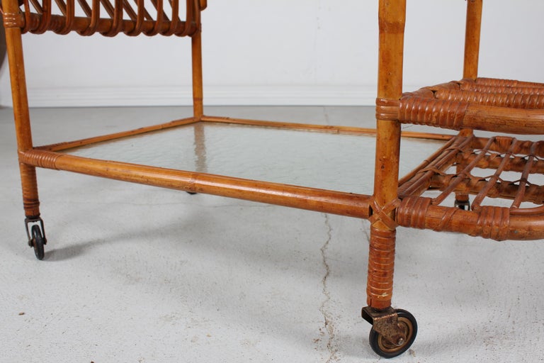 Vintage Cane Serving Trolley / Cart on Wheels with Frosted Glass