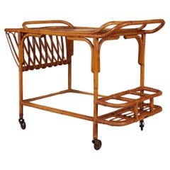 Vintage Cane Serving Trolley / Cart on Wheels with Frosted Glass, Denmark, 1950s