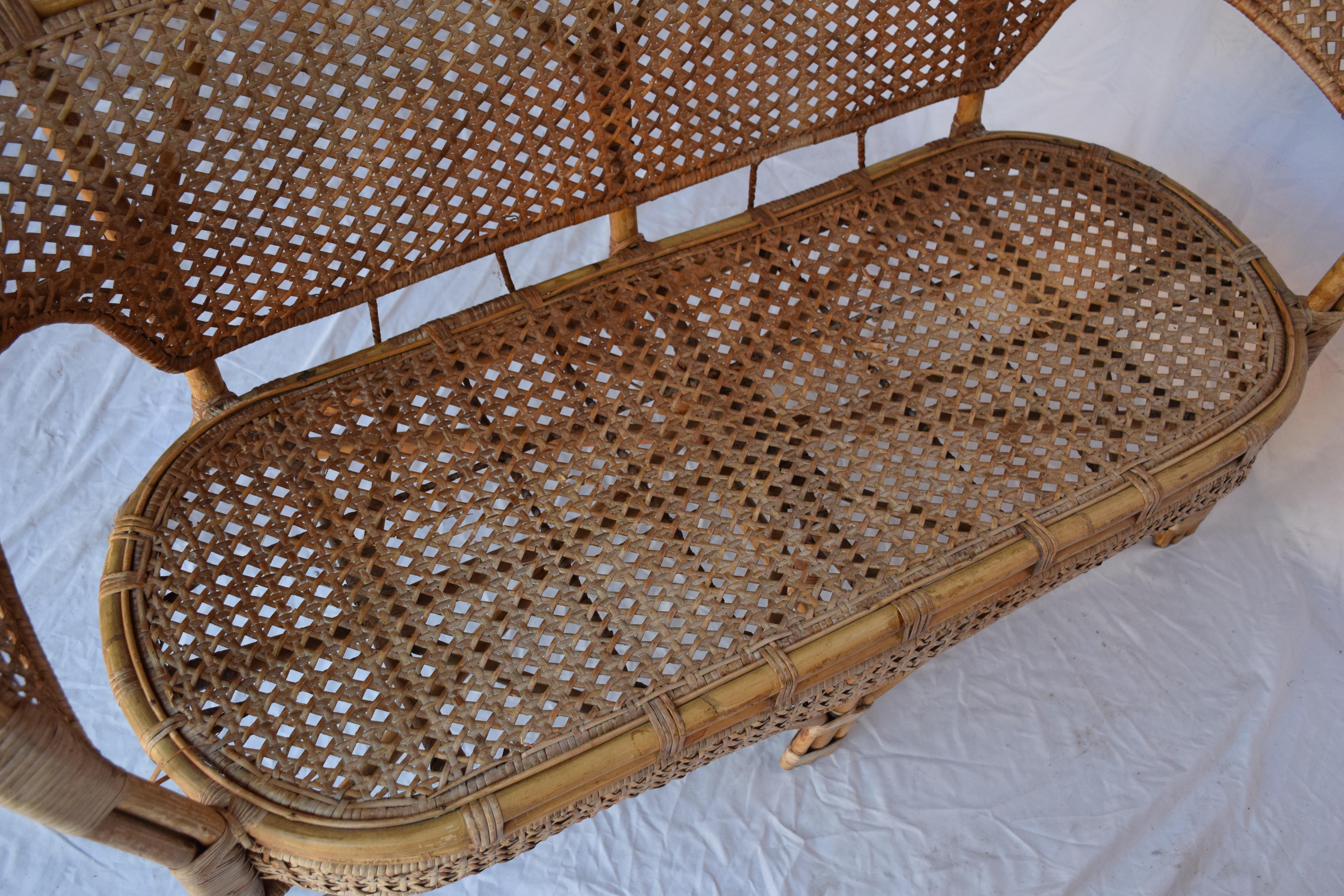Vintage Cane Settee In Fair Condition For Sale In Houston, TX