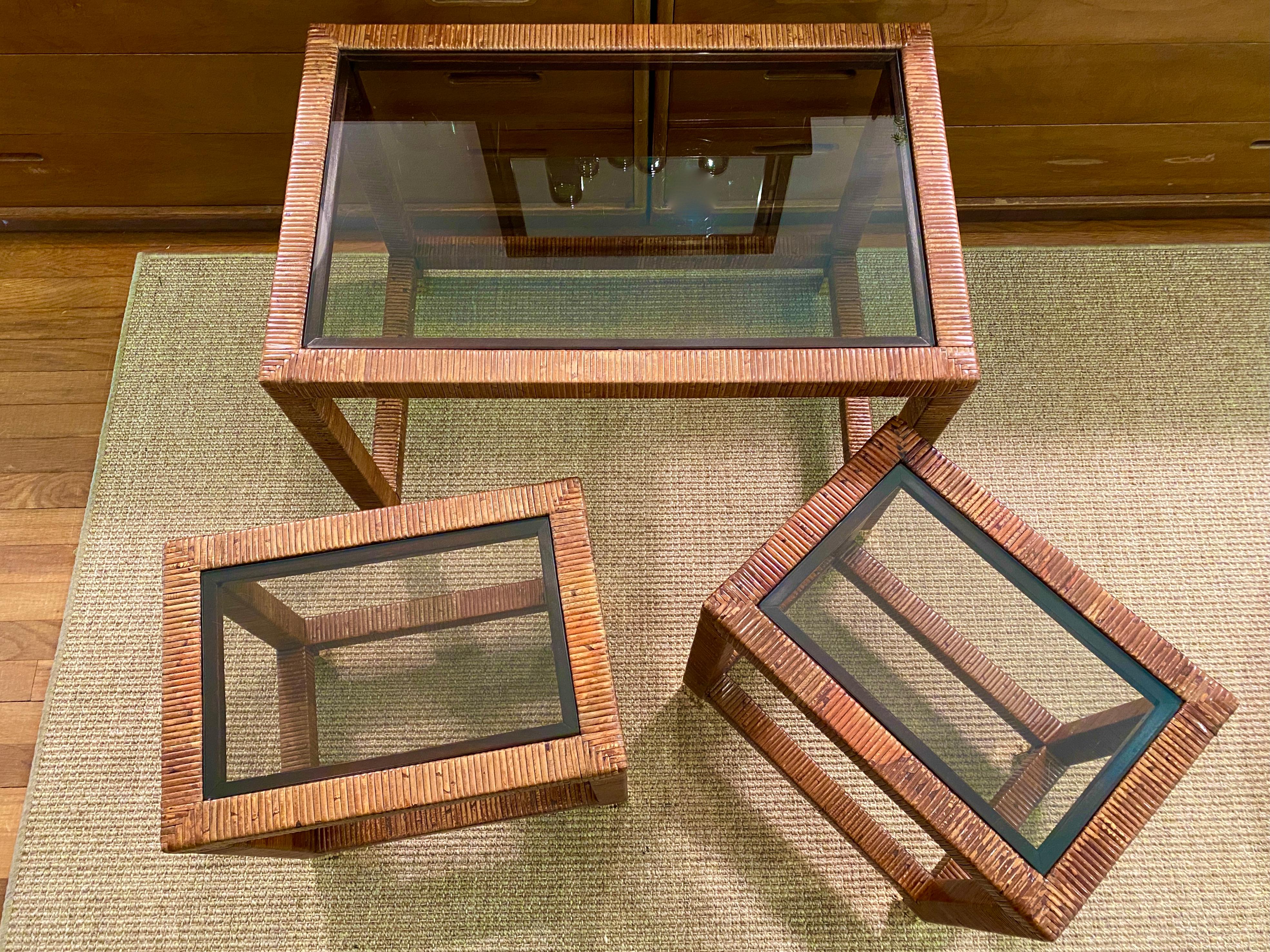 Vintage Cane / Smoked Glass Nesting Tables By Bielecky Brothers For Sale 3