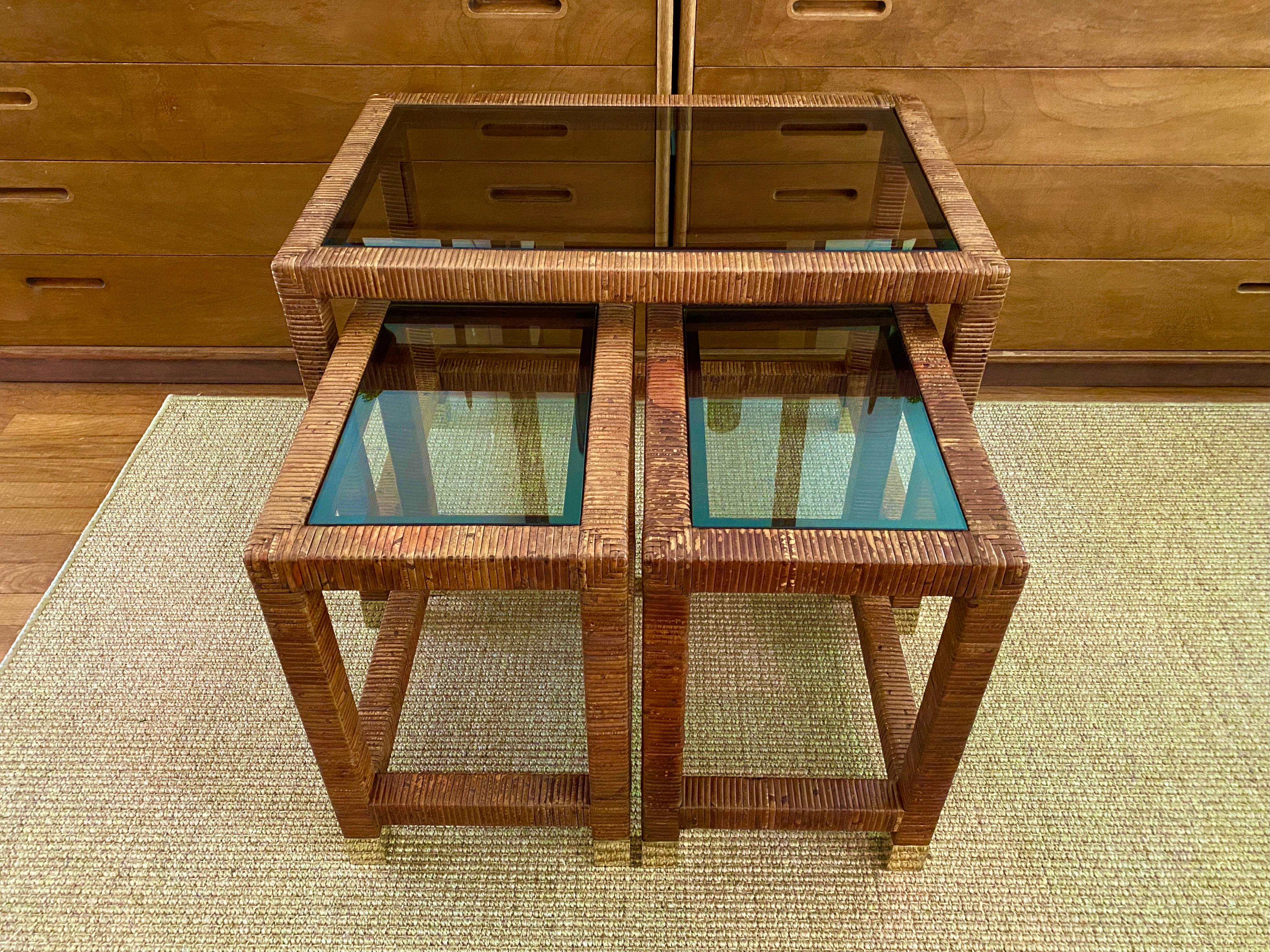 Mid-Century Modern Vintage Cane / Smoked Glass Nesting Tables By Bielecky Brothers For Sale