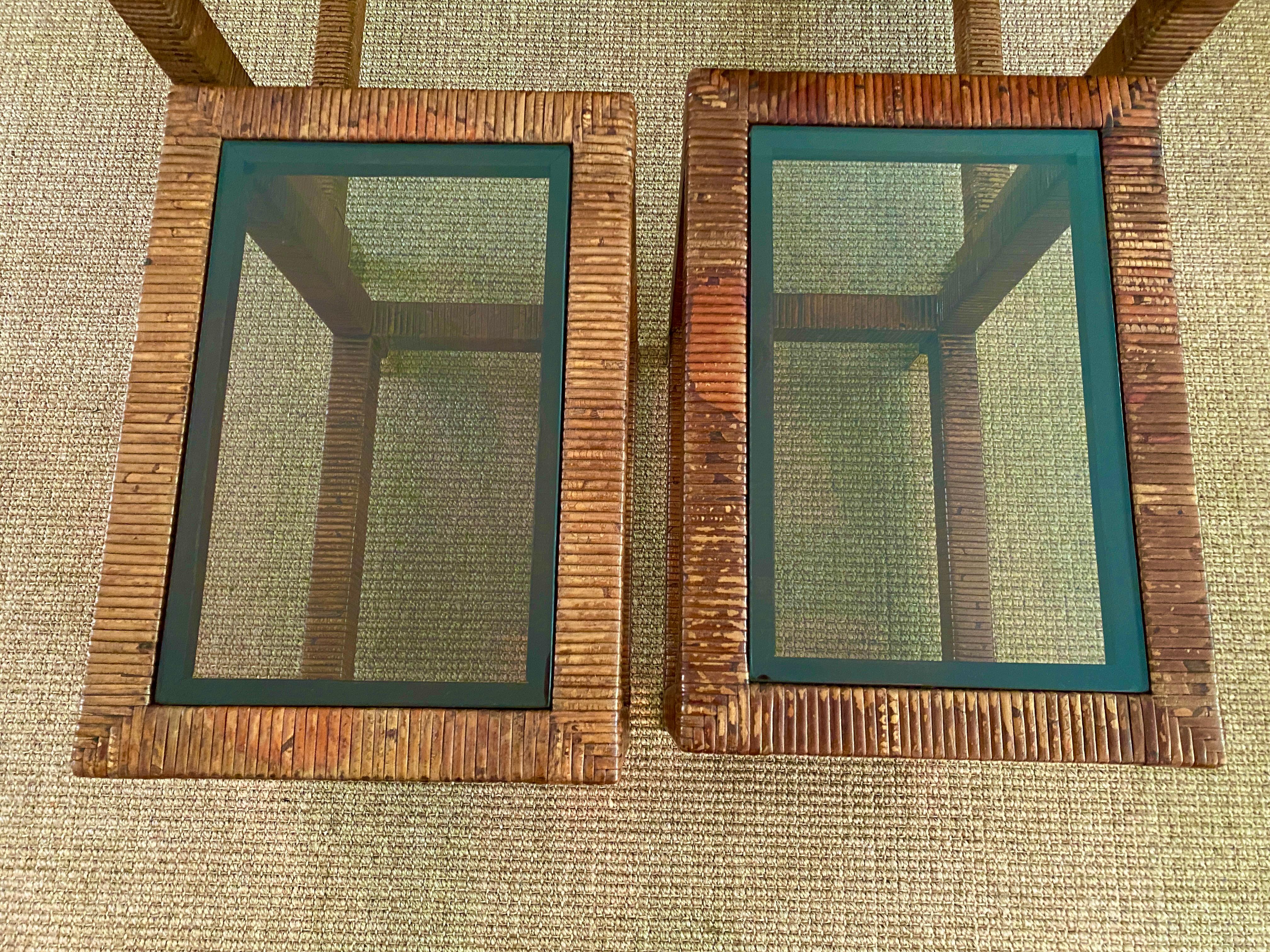 Vintage Cane / Smoked Glass Nesting Tables By Bielecky Brothers In Good Condition For Sale In Doraville, GA