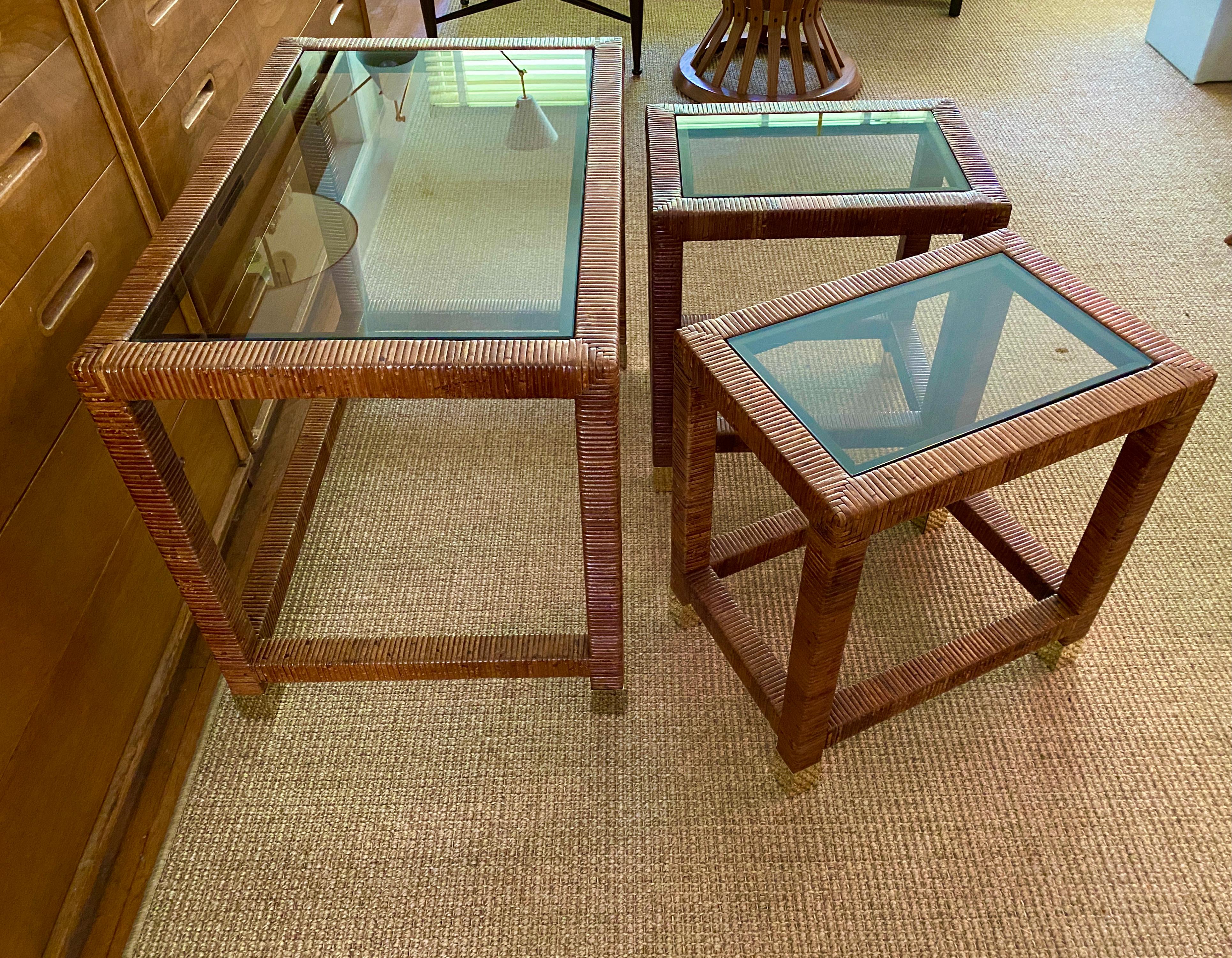 Vintage Cane / Smoked Glass Nesting Tables By Bielecky Brothers For Sale 2