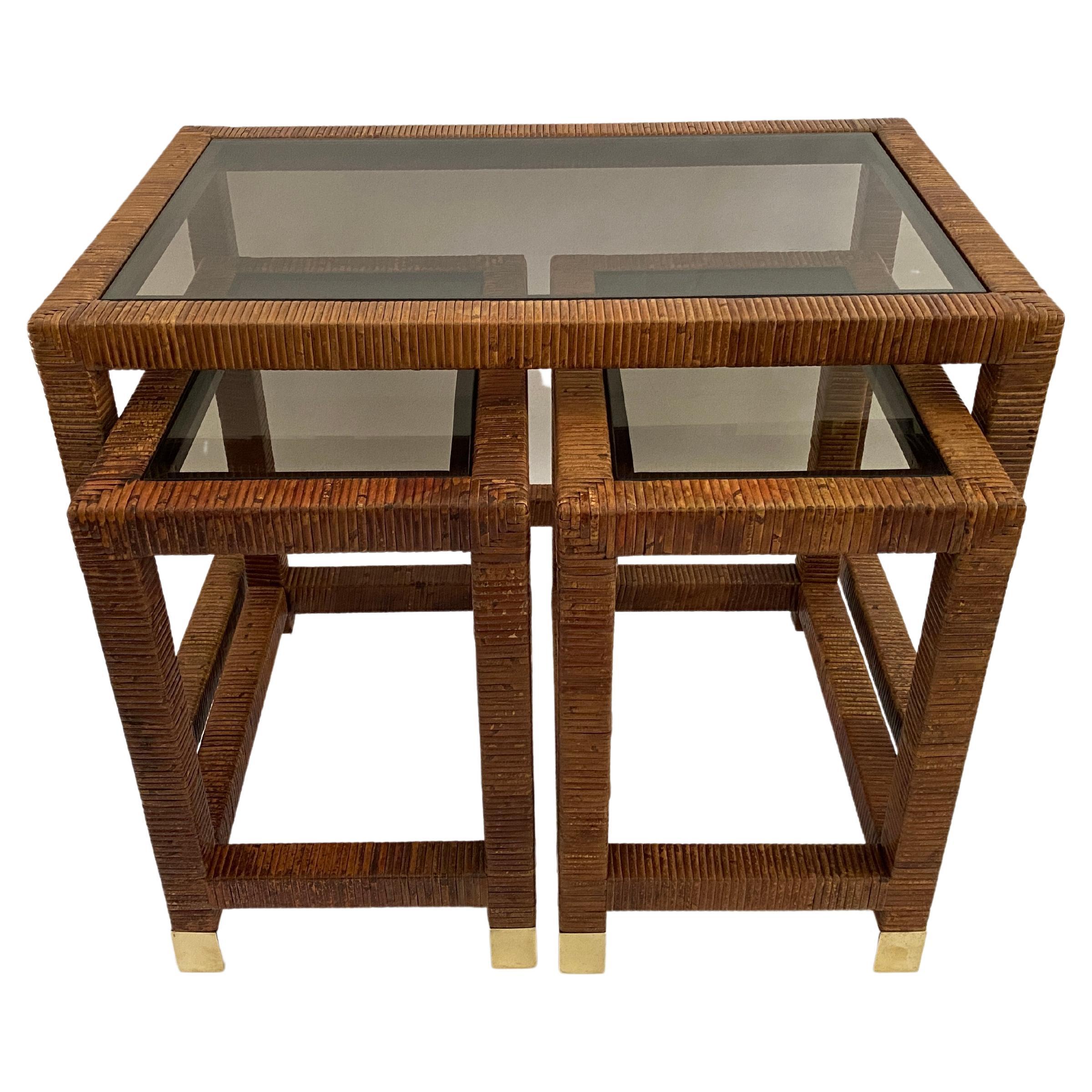 Vintage Cane / Smoked Glass Nesting Tables By Bielecky Brothers