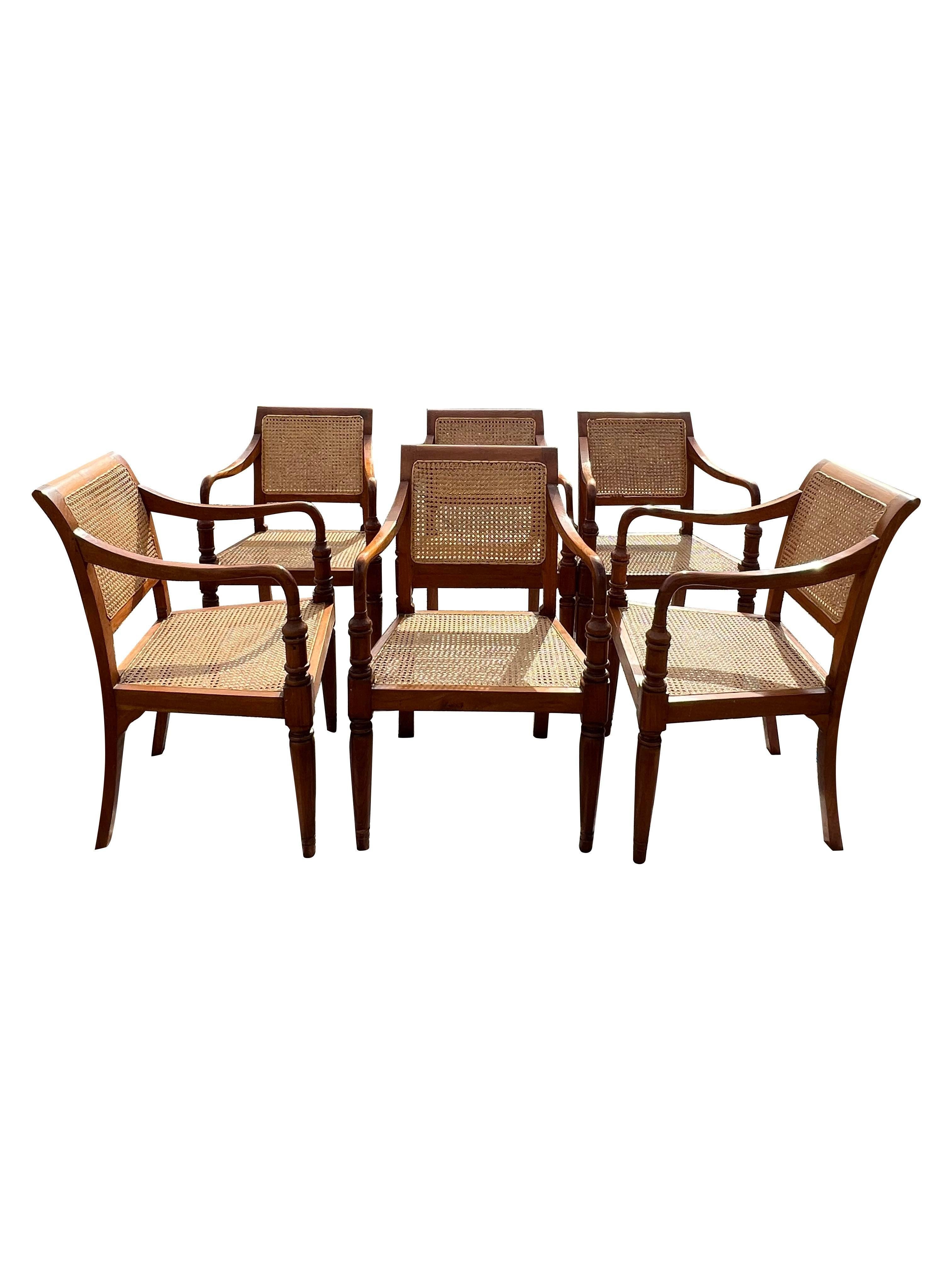 Late 20th Century Vintage Cane Wood Traditional Style Dining Arm Chairs- Set of 6