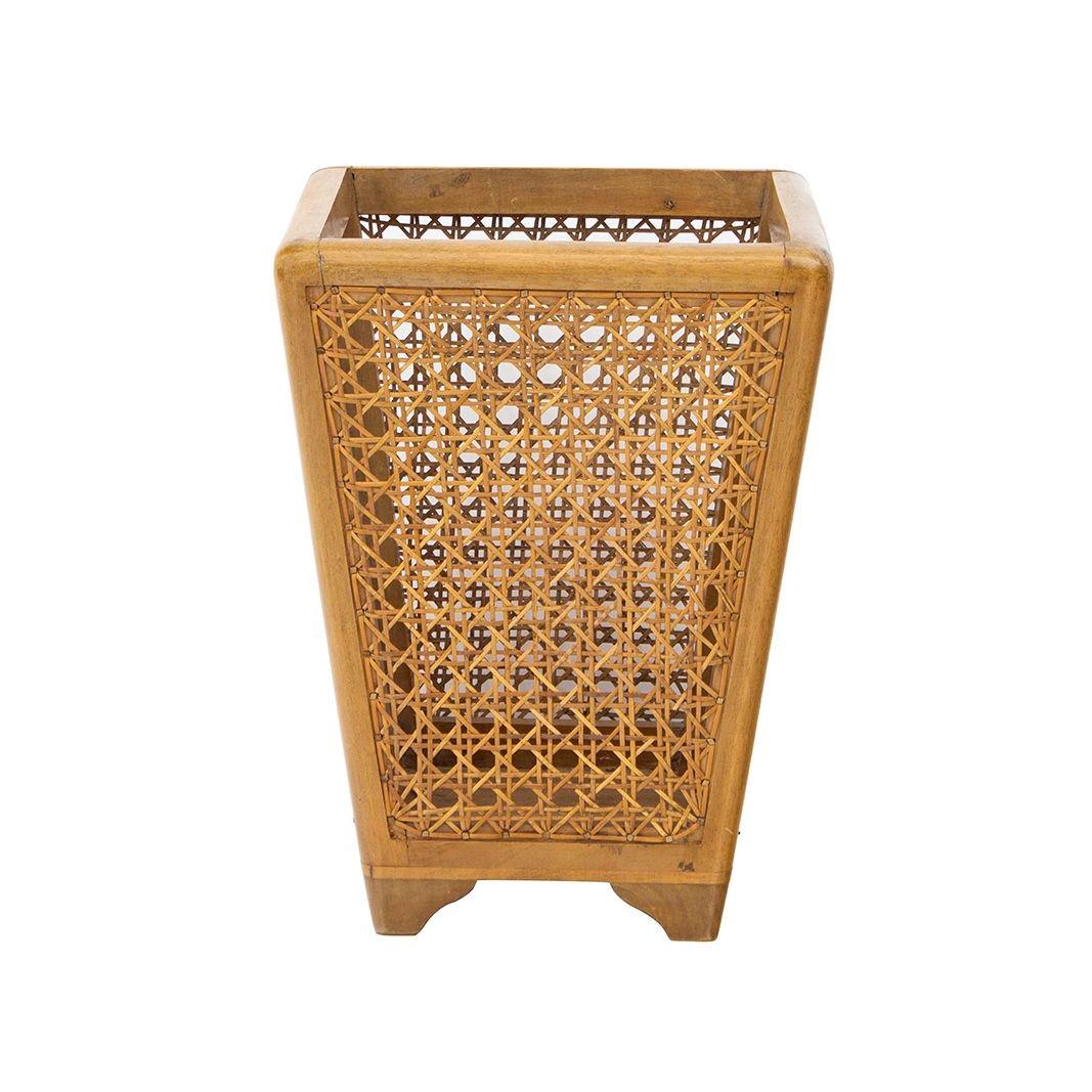 USA, 1970s
Vintage caned wastebasket has a solid hardwood frame with caned panels, lifted at each of the four feet at the corners at the base. Its intricate woven design and natural wood finish add a touch of traditional 'basket' texture to any