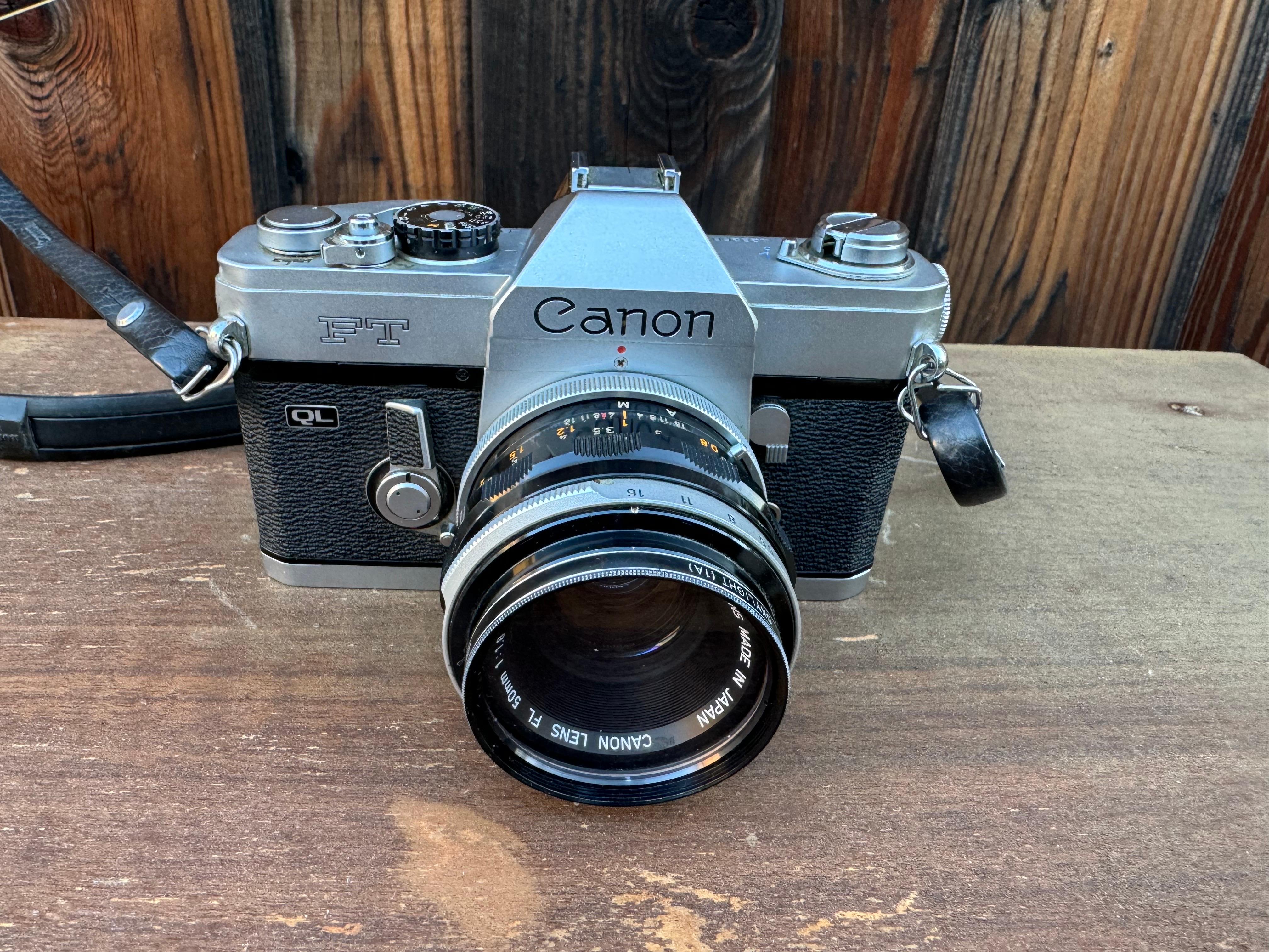 Industrial Vintage Canon FT QL 35mm Film SLR Camera with Original Leather Case