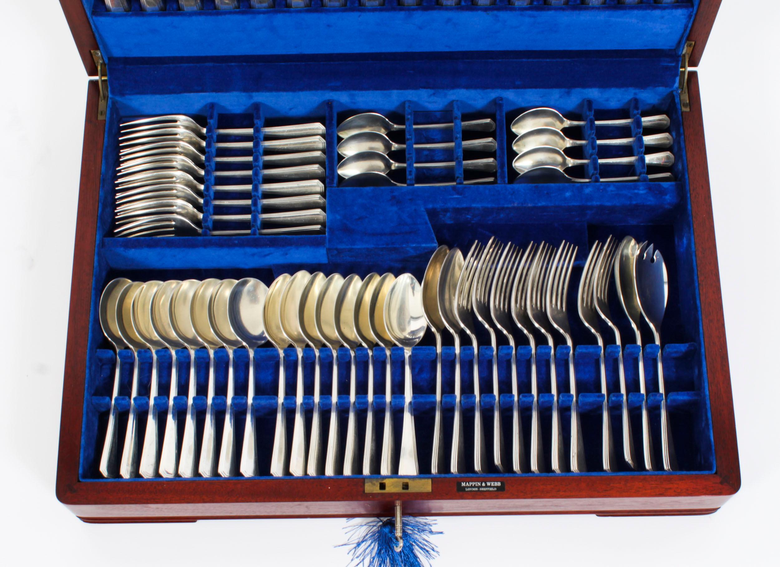 English Vintage Canteen x 8 60 Piece Sterling Silver Cutlery Set Mappin & Webb 20th C