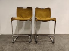 Vintage Cantilever Leather Bar Stools, 1960s, Mid Century Bar Stools