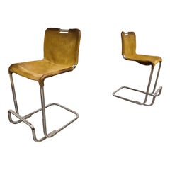 Vintage Cantilever Leather Bar Stools, 1960s, Mid Century Bar Stools
