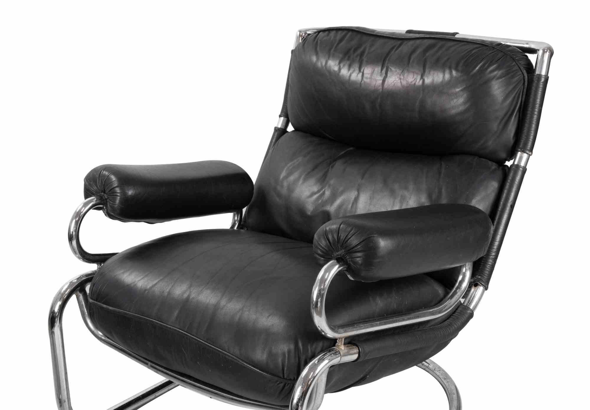 Vintage Cantilever Lounge Leather Chair with Ottoman, 1970s For Sale 1