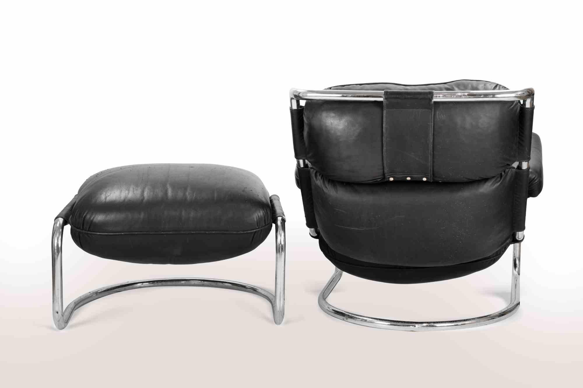 Vintage Cantilever Lounge Leather Chair with Ottoman, 1970s For Sale 3