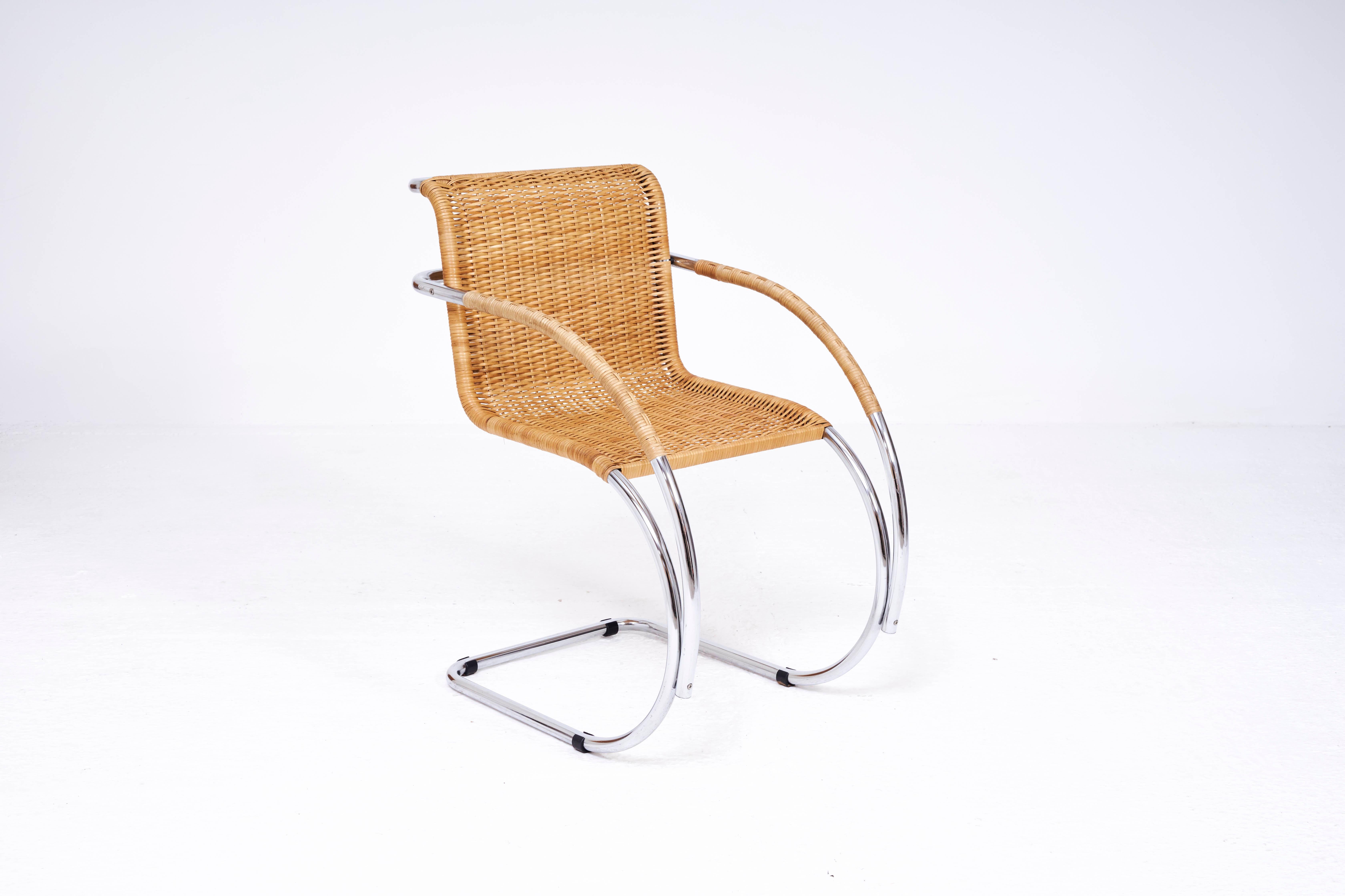 Hand-Woven Vintage Cantilever Rattan Chair in the manner of Mies Van De Rohe