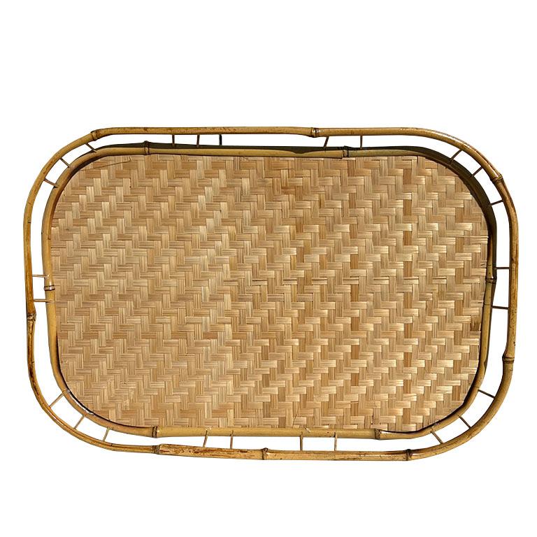 Chinoiserie Vintage Canton Burnt Bamboo Wicker Trays - Set of 4