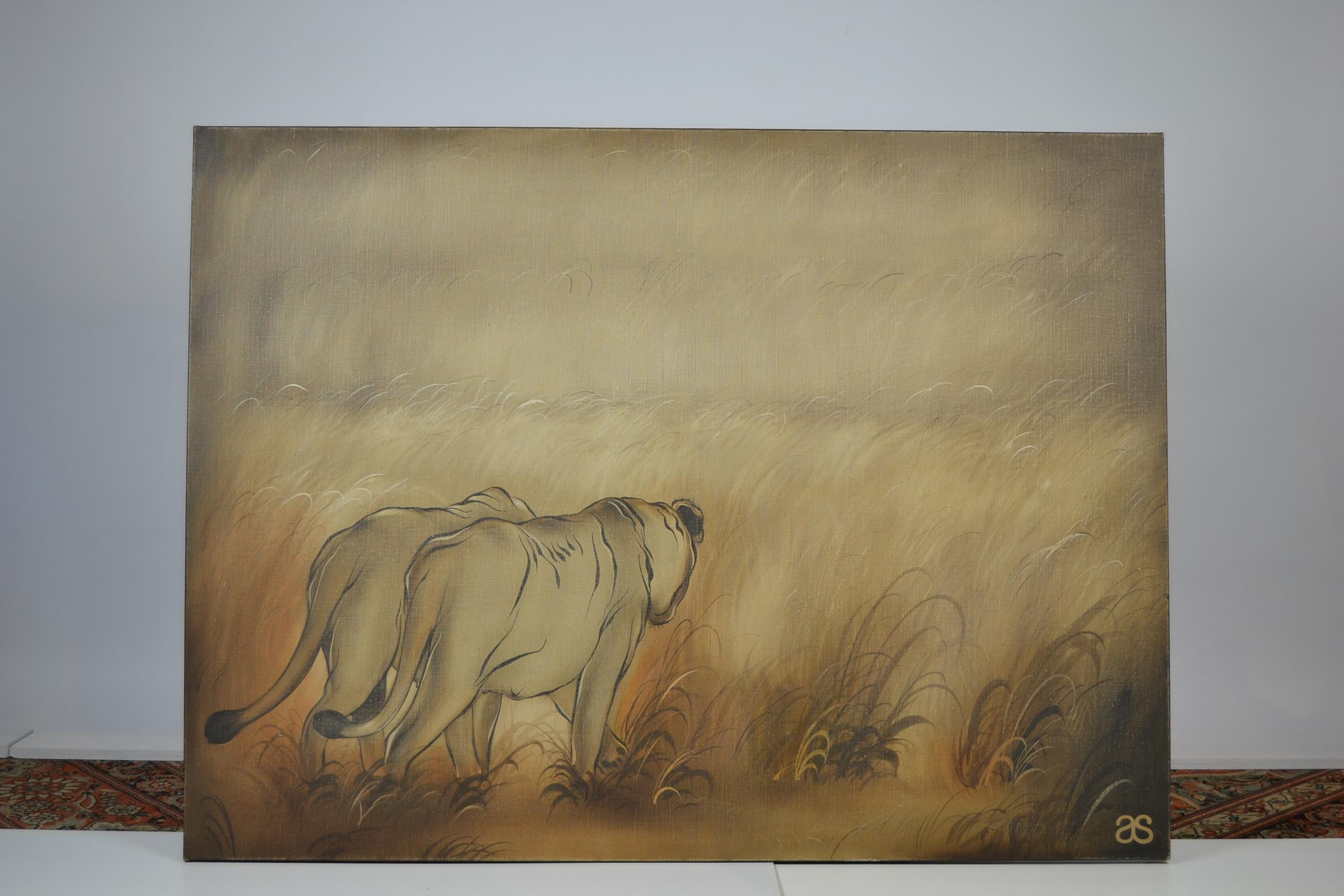 Wood Vintage Canvas Tigers in the Wilderness For Sale