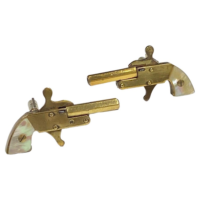 Vintage Cap Pistol Brass and Pearl Cuff-Links at 1stDibs