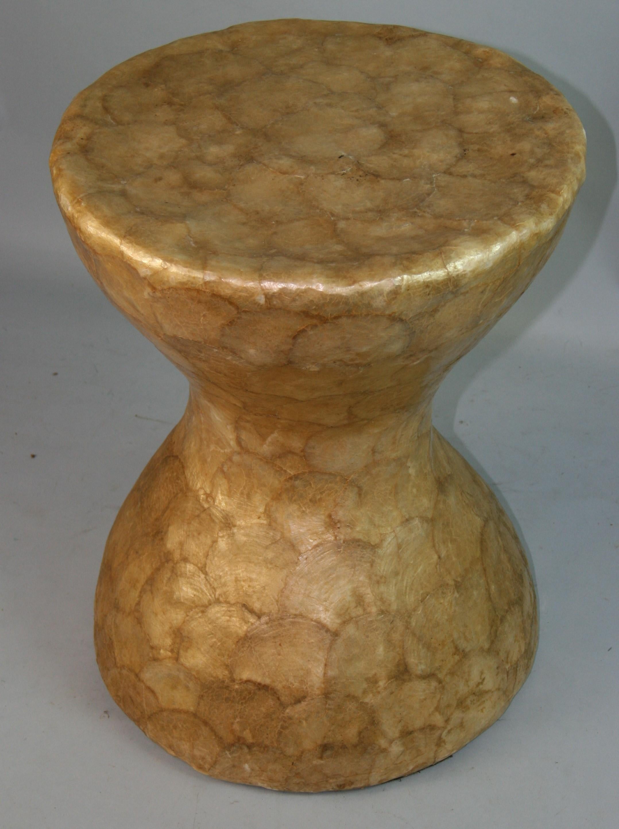 Vintage Capiz Shell Covered Side Table/Stool In Good Condition For Sale In Douglas Manor, NY