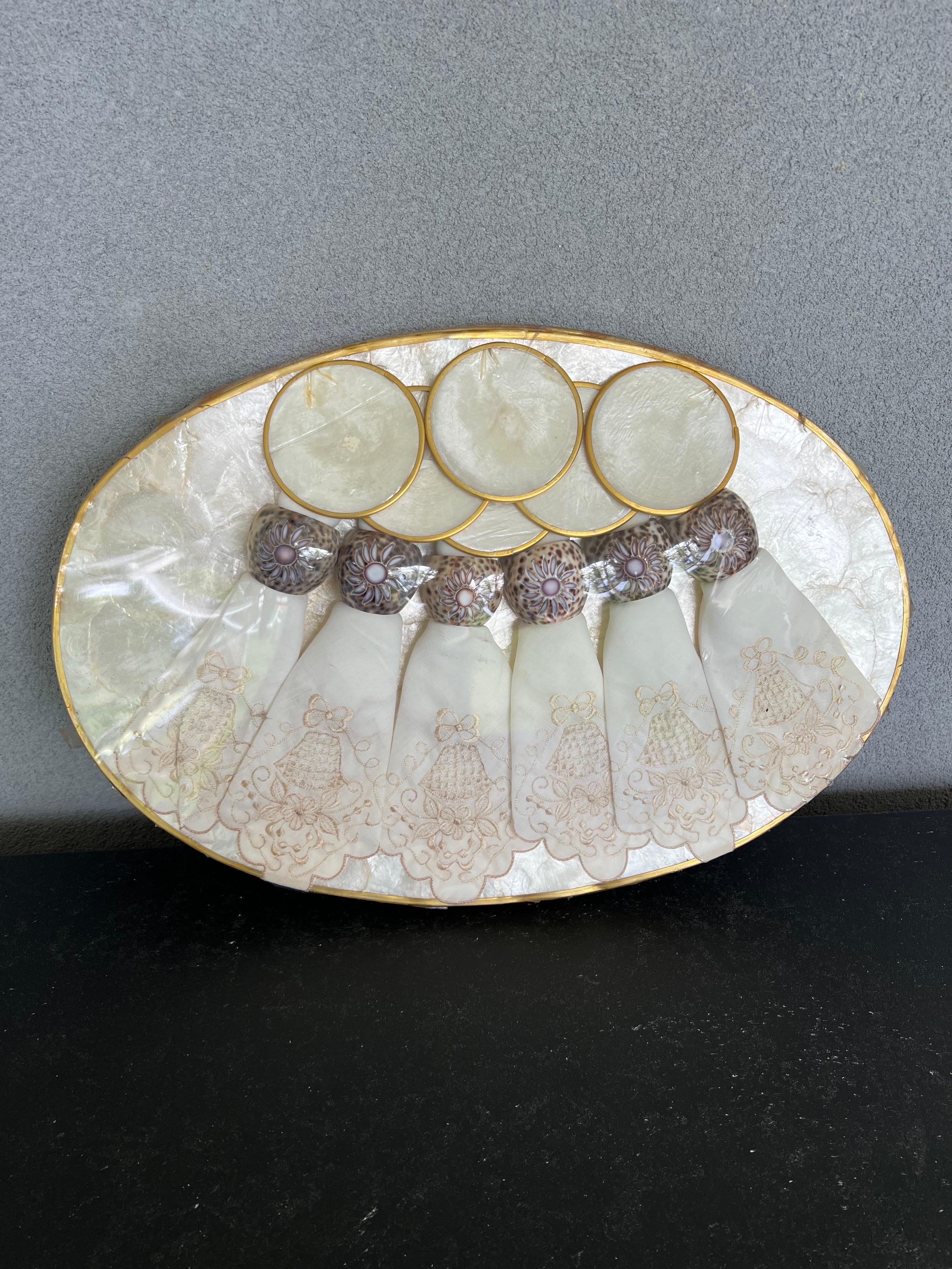 Vintage Capiz Shell, Placemats, Coasters, Napkins, Napkin Holders-Set of 6 For Sale 1