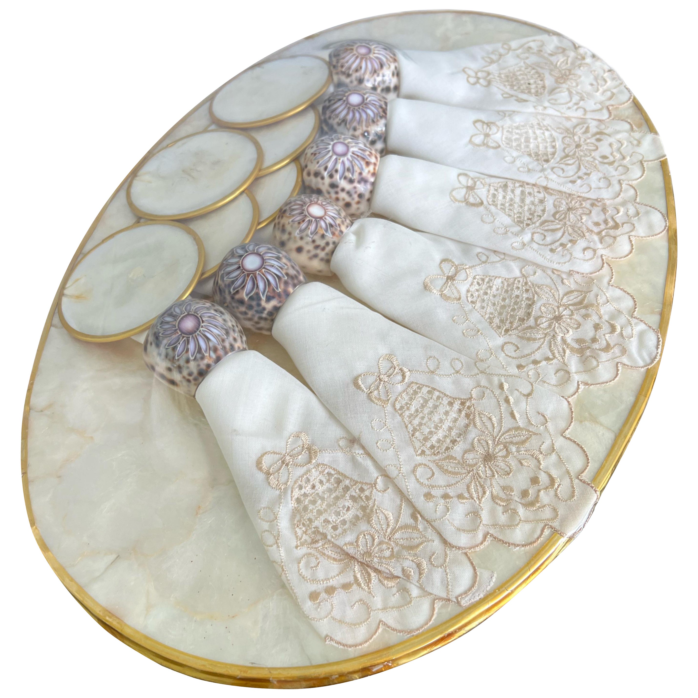 Vintage Capiz Shell, Placemats, Coasters, Napkins, Napkin Holders-Set of 6