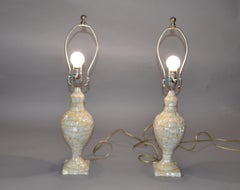 Pair, Hollywood Regency Vintage Capiz Shell Table Lamps with Shades